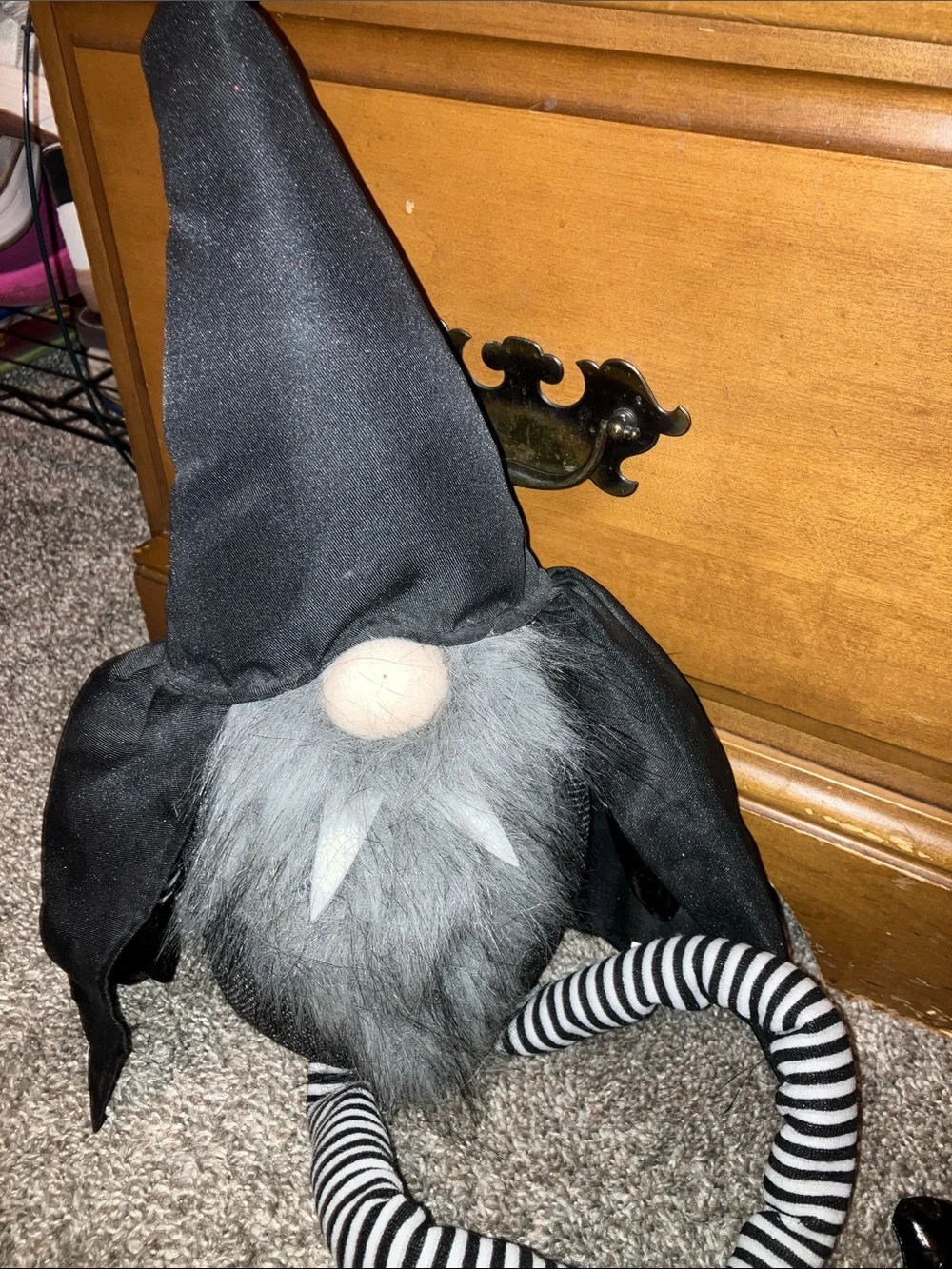 Halloween Black Gnome Holiday Plush with Gray Beard and Striped Legs